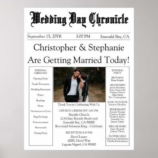 1 Photo QR Code Elegant Newspaper Wedding Program Poster (Voorkant)