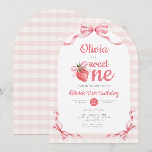 1 Sweet One Strawberry Girl 1st Birthday Kaart (Voorkant / Achterkant)