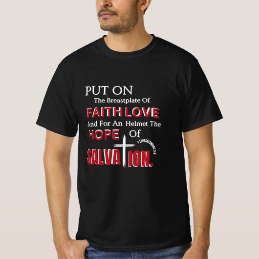 1 Thessalonicenzen 5:8-Armor van het Geloof T-shirt (Voorkant)