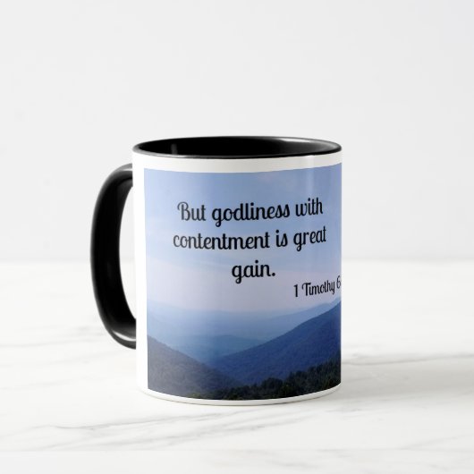 1 Timoteüs 6:6 Maar goddelijkheid met tevredenheid Mok (Voorkant links)