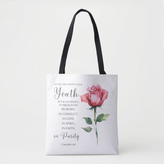 1 Timotheüs 4:12 - Jeugd Bijbel vers Bloem Tote Bag (Voorkant)