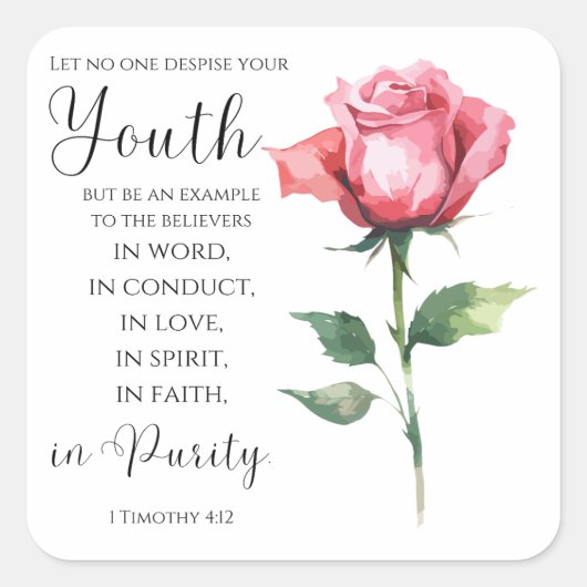 1 Timotheüs 4:12 - Jeugd Bijbel vers Bloem Vierkante Sticker (Voorkant)