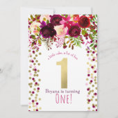 1e 1 Verjaardagsfeest Goud Bourgogne Vette Bloemen Kaart (Voorkant)