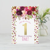 1e 1 Verjaardagsfeest Goud Bourgogne Vette Bloemen Kaart (Staand voorkant)
