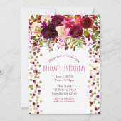 1e 1 Verjaardagsfeest Goud Bourgogne Vette Bloemen Kaart (Achterkant)