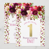 1e 1 Verjaardagsfeest Goud Bourgogne Vette Bloemen Kaart (Voorkant / Achterkant)