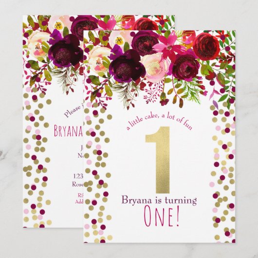 1e 1 Verjaardagsfeest Goud Bourgogne Vette Bloemen Kaart (Voorkant / Achterkant)