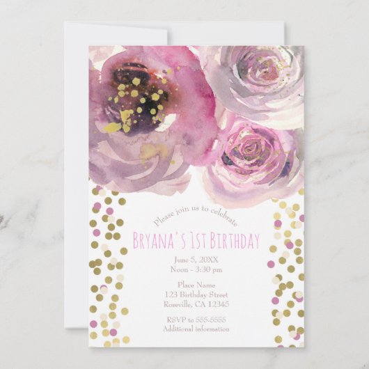 1e 1 Verjaardagsfeest Roze & Goud Moderne Bloemen Kaart (Achterkant)