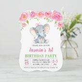 1e 1e verjaardag Meisje Bloemen Roze Olifant Party Kaart (Staand voorkant)