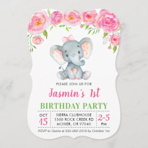 1e 1e verjaardag Meisje Bloemen Roze Olifant Party Kaart