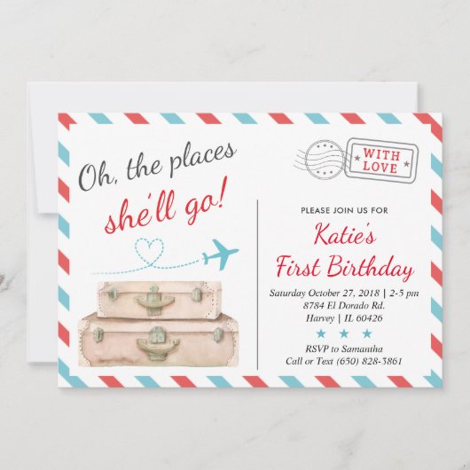 1e 2e 3e Vliegtuig Reis Verjaardagsfeestje Meisje Kaart (Voorkant)