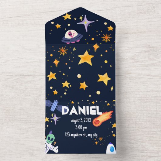 1e astronaut vlucht Rocket Verjaardag All In One Uitnodiging (Binnen)