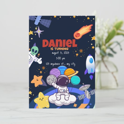 1e astronaut vlucht Rocket Verjaardag uitnodiging (Staand voorkant)