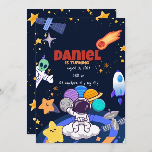 1e astronaut vlucht Rocket Verjaardag uitnodiging (Voorkant / Achterkant)