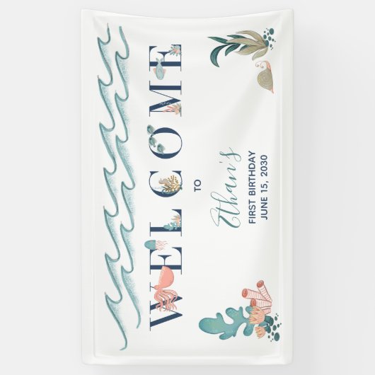 1e Baby Boy Schattigee Waterverf Blue Ocean Welkom Spandoek (Verticaal)