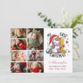 1e Baby Kerst 7 Foto Roze Gouden Eenhoorn Feestdagenkaart (Staand voorkant)