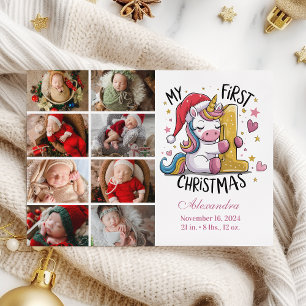 1e Baby Kerst 9 Foto Roze Gouden Eenhoorn Feestdagenkaart