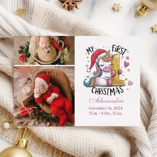 1e Baby Kerstmis 2 Foto Roze Gouden Eenhoorn Feestdagenkaart