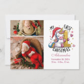 1e Baby Kerstmis 2 Foto Roze Gouden Eenhoorn Feestdagenkaart (Voorkant)