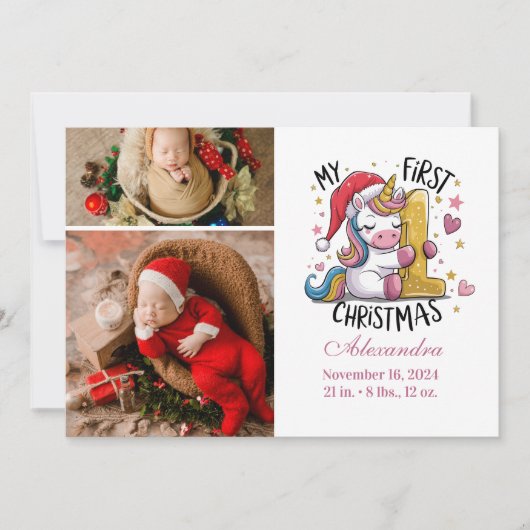 1e Baby Kerstmis 2 Foto Roze Gouden Eenhoorn Feestdagenkaart (Voorkant)