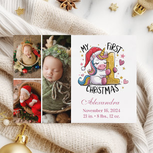 1e Baby Kerstmis 3 Foto Roze Gouden Eenhoorn Feestdagenkaart