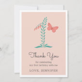 1e Baby Meisje Roze Vlinder Bloemen Dank u kaart (Voorkant)