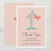 1e Baby Meisje Roze Vlinder Bloemen Dank u kaart (Voorkant / Achterkant)