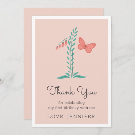 1e Baby Meisje Roze Vlinder Bloemen Dank u kaart (Voorkant / Achterkant)
