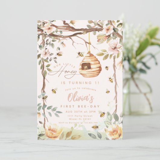 1e Bee Day Bumble Bee Meisjes Roze Honing Verjaard Kaart (Staand voorkant)