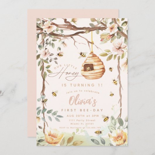 1e Bee Day Bumble Bee Meisjes Roze Honing Verjaard Kaart (Voorkant / Achterkant)