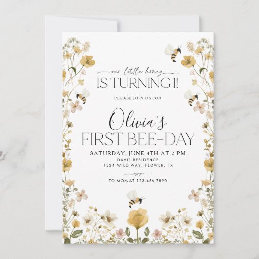 1e Bee Day Bumble Bee Meisjes Verjaardag Bloemen Kaart (Voorkant)