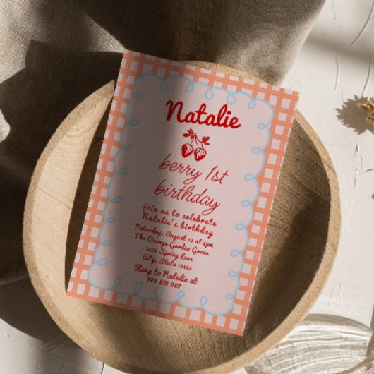 1e Berry Hand Getrokken Aardbei Foto Verjaardag Kaart