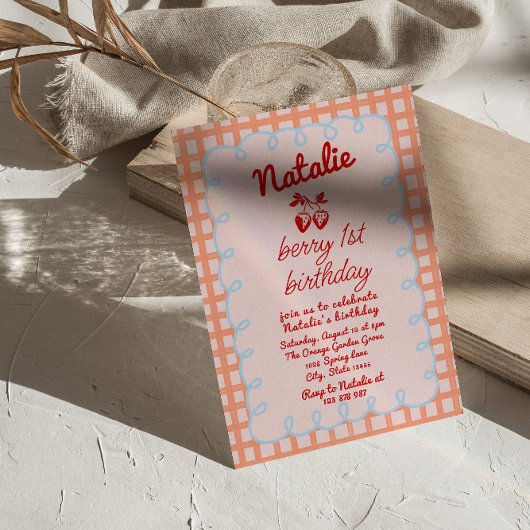 1e Berry Hand Getrokken Aardbei Foto Verjaardag Kaart