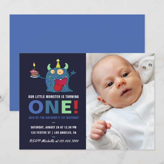 1e Birthday Baby Little Monster Invitation Kaart (Voorkant / Achterkant)