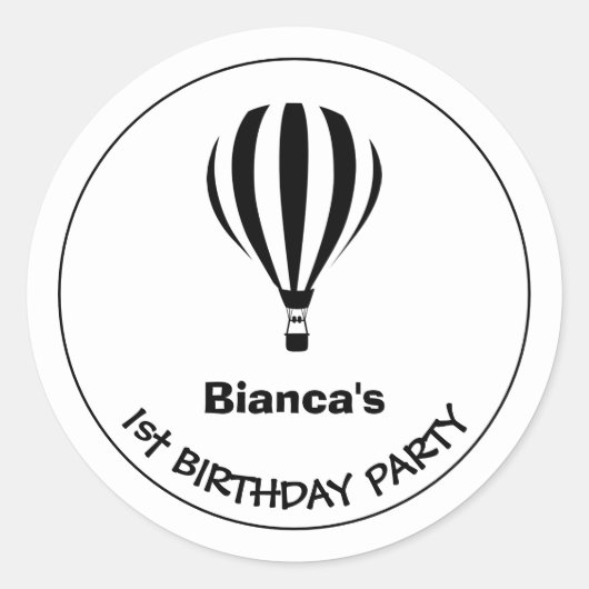 1e Birthday Black en White Hot Air ballon Ronde Sticker (Voorkant)