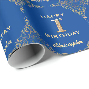 1e Birthday Blue en Gold Glitter Lijst Cadeaupapier
