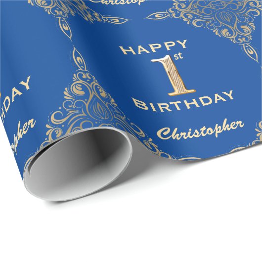 1e Birthday Blue en Gold Glitter Lijst Cadeaupapier (Rol Hoek)