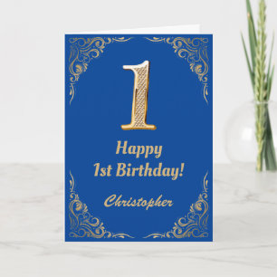 1e Birthday Blue en Gold Glitter Lijst Kaart
