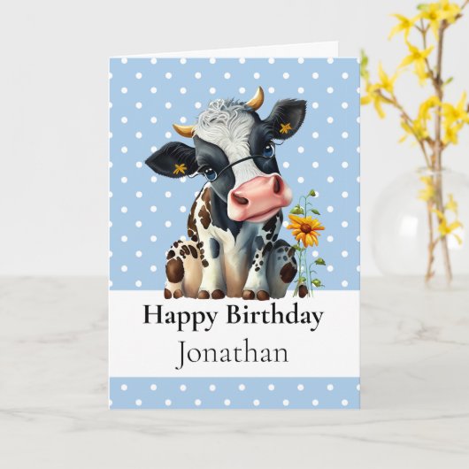 1e BIRTHDAY Dairy KOE BOY Blue KAART (Gele Bloem)