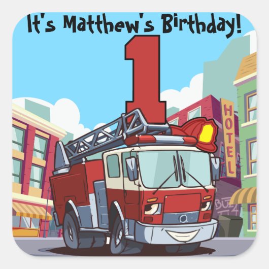 1e Birthday Fire Truck Vierkante Sticker (Voorkant)