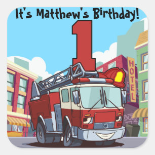 1e Birthday Fire Truck Vierkante Sticker
