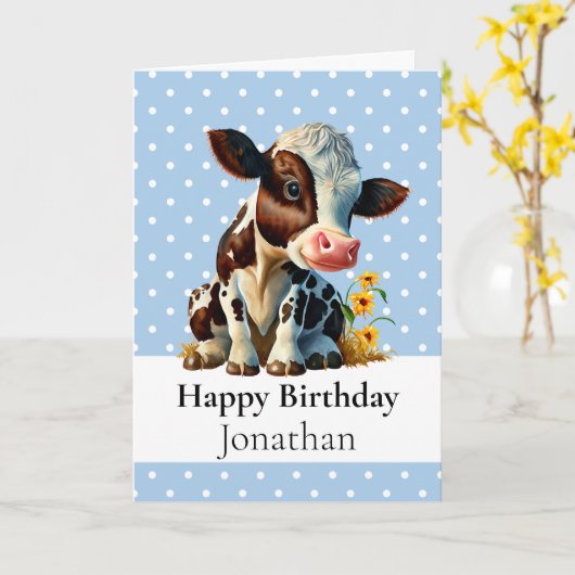 1e BIRTHDAY KOE BOY Blue KAART (Gele Bloem)