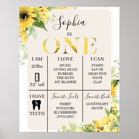 1e Birthday Milestone Poster Sunflower (Voorkant)