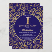 1e Birthday Navy Blue en Gold Floral Pattern Kaart (Voorkant / Achterkant)
