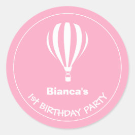 1e Birthday Pink and White Hot Air Ballon Ronde Sticker