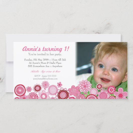 1e Birthday roze partijfotokaart (Voorkant)