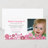 1e Birthday roze partijfotokaart (Voorkant / Achterkant)