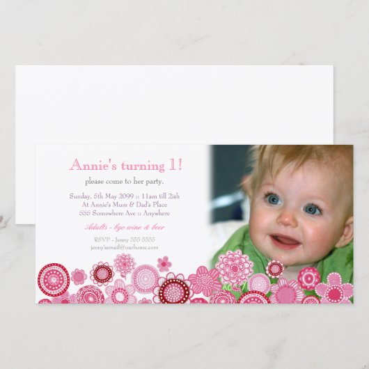 1e Birthday roze partijfotokaart (Voorkant / Achterkant)