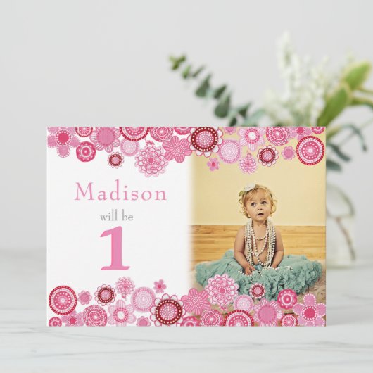 1e Birthday roze partijfotokaart Kaart (Staand voorkant)