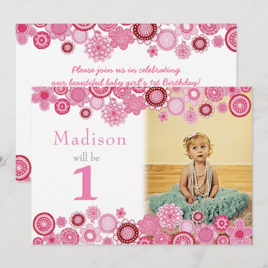 1e Birthday roze partijfotokaart Kaart (Voorkant / Achterkant)